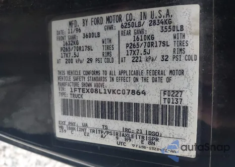 1997 Ford F-150 Lariat/Xl/Xlt из США, поврежденный, VIN 1FTEX08L1VKC07864